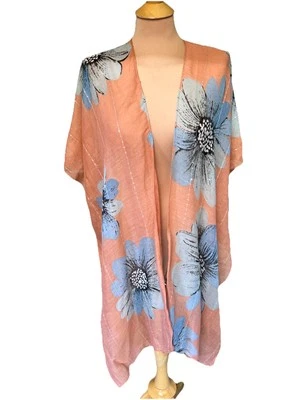 Women’s Floral Kimono Cardigan Swimsuit Cover Up Peach & Blue One Size - Image 1 of 4