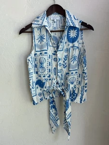 Calypso St. Barth Leinen Button Tank Top Tie S Resort Print Coastal Beach Greek - Bild 1 von 9