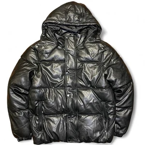 Faux Leather Puffer Jacket - Black - Size Medium Mens Zip Up Hoodie - Picture 1 of 5