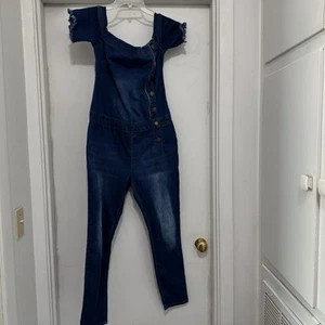 VIP Jeans Denim Jumpsuit Womens 15/16 Dark Wash Off Shoulder Stretch - Picture 1 of 7