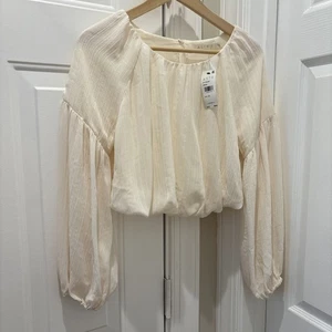 ASTR Top Cream Beige Blouson Blouse Style Cropped Semi Sheer Sz XS NEW NWT - Picture 1 of 5