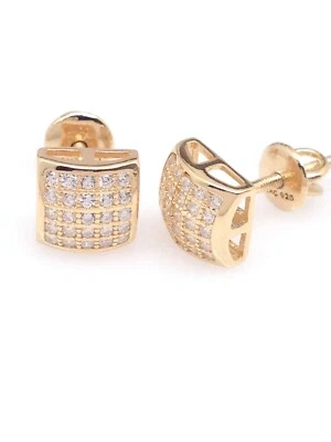 Men 925 Sterling Silver CZ Gold Square Stud Earrings Tiny Dome Studs 6mm - Image 1 of 4