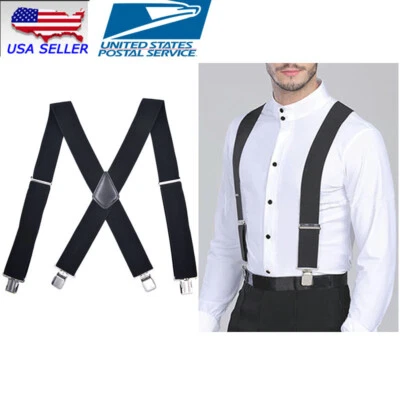 1 PC Mens Black Braces Suspenders Biker Snowboard Trousers Clamps 50mm X-shape - Image 1 of 4
