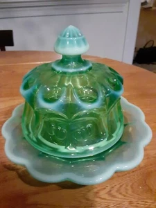 Vtg Mosser Green Opalescent Cherry Thumb Print Covered Butter Dish - Picture 1 of 12