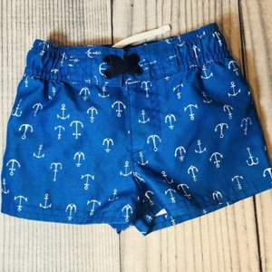 Cat and Jack Boys Bathing Suit Swim Trunks Blue White Anchors Preppy Sz 6-9M EUC - Picture 1 of 7