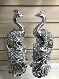 SET 2 MENSOLE ARGENTO CRISTALLO PAVONE DIAMANTE SCHIACCIATO ESPOSITORE ORNAMENTO BLING - Foto 1 di 5
