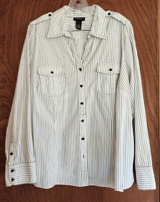 Lane Bryant 18/20 经典黑色/白色条纹长袖衬衫航海纽扣 — 第 1/4 张图片