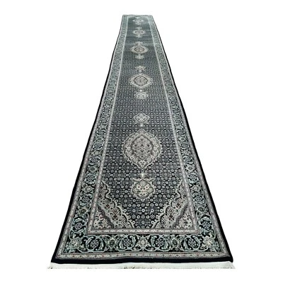 Alfombra Mahii 20' Long Runner CALIDAD Hecha a Mano Lana/Seda Negro Marfil Azul Claro Rojo! Foto 1 de 4