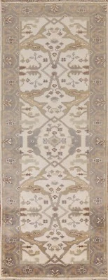Ivory Geometric Oushak 8 ft. Runner Rug Hand-knotted Wool Carpet 7' 10" x 2' 7" - Image 1 of 4