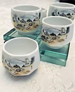 Sake Tea Cups Royal China Porcelain Sauce Bowl Set of 5 Fishing Cooking Scene - Picture 1 of 7