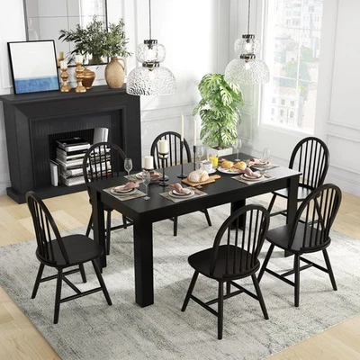 7PCS Modern Dining Table Set for 6 Wooden Table & Windsor Dining Chairs Black - Image 1 of 4