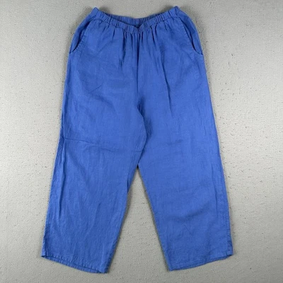 Pantalones de línea de lino para mujer pequeños azules tiro alto recortados pierna ancha cintura elástica” Foto 1 de 4