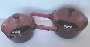 2 Pyrex Visions Corningware Cranberry Saucepans Teflon 1 & 1.5 Liter w/ Lids USA - Picture 1 of 12