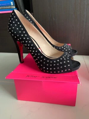 BETSEY JOHNSON BLACK RHINESTONE PEEP TOE PINUP GIRL CARRIE HEELS SIZE 7 1/2 RARE - Image 1 of 4
