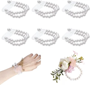 6PCS Pearl Wrist Corsage Bands Bride Elastic Pearl Wristband Corsage DIY Stretch - Picture 1 of 6