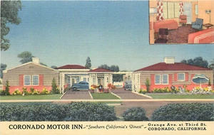 CALIFORNIA - CORONADO MOTOR INN - INTERIOR & EXTERIOR VIEW - CURTEICH POSTCARD - Picture 1 of 2