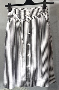 Next Size 6 Skirt 55% Linen Button Up White Stripe Summer Holiday Belt 594 - Picture 1 of 3