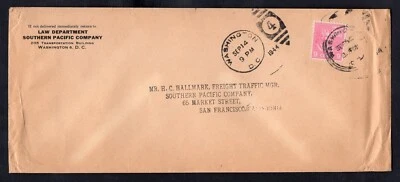 USA Washington DC 1944 Southern Pacific Railway Cover. 9c Prexie Single - Image 1 of 2