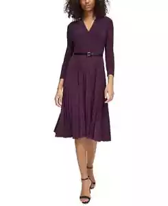 Tommy Hilfiger Petite V-Neck Belted Pleated Knit Dress Women's 4P Aubergine - Picture 1 of 17
