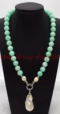 Natural 6/8/10/12mm Green Amazonite Gems White Baroque Pearl Pendant Necklace - Image 1 of 4