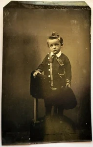 Tintype Photo Anson Beach NY Sad Face Eyes Little Boy Sailor Tie Spiky Hair Cute - Picture 1 of 7