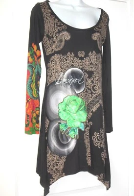 Desigual Tunic Top Long Shirt size M Black w Floral Embroidery Asymmetrical Hem - Image 1 of 4