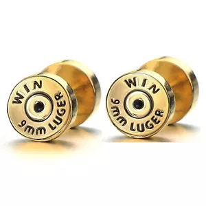 PAIR 16G 00G 10mm GOLD BULLET STEEL FAKE GAUGE CHEATER PLUGS EAR RING MEN STUD - Picture 1 of 3