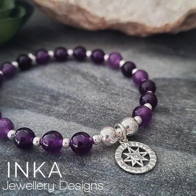 925 Sterling Silver & Amethyst Compass Bracelet Stretch Stacker By INKA - Image 1 of 4