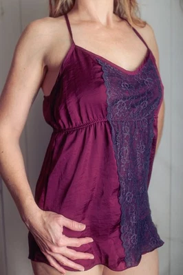 Kirra Satin Lace Short Dress Women's Large Iridescent Purple Empire Waist - Image 1 of 4