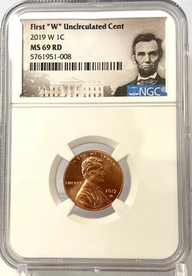 FIRST "W" UNCIRCULATED CENT 2019 W 1C NGC MS 69 RD LINCOLN LABEL - Image 1 of 4