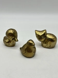 Vint Brass Duck Cat Bird Figurine Miniature Solid Big Eyes Shelf 3" Paperweight - Picture 1 of 11