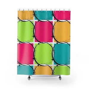 Abstract Squares & Star Circles Shower Curtain, Fun Bright Bath Decor Home Decor - Picture 1 of 5