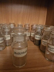 Lot of 19 Antique Vintage Clear Glass Apothecary Spice Jars With Labels  - Picture 1 of 3