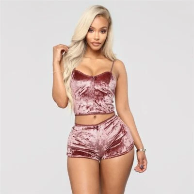 Echoine Sexy Bodycon Two Piece Set Women Velvet Spaghetti Straps Bow Lace Elasti - Image 1 of 4
