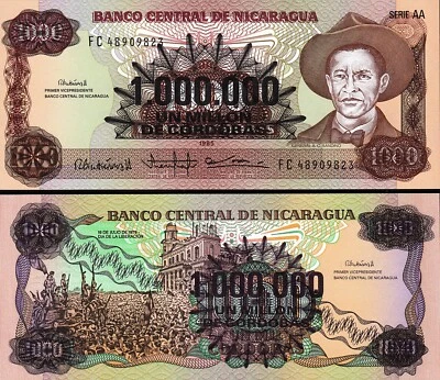 Nicaragua 1000000 (1 Million) on 1000  Cordobas (1985) 1990, UNC, P-164 - Image 1 of 3