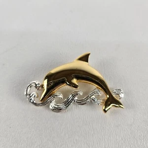 Gold & Silver Dolphin Riding The Waves Pin Brooch Jewelry - Picture 1 of 3