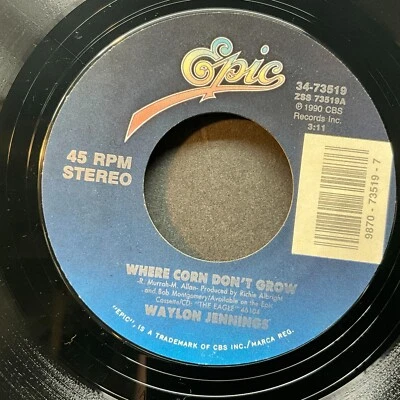 Waylon Jennings, Where Corn Don't Grow / Waking Up With You 7" 45rpm, Vinyl NM - Image 1 of 4