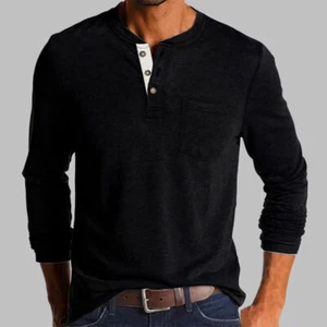 Camiseta informal de manga larga para hombre Grandad Henley cuello en V botón camiseta lisa top - Imagen 1 de 30