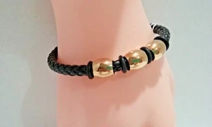 NEW Sterling Silver -Gold plated And Braided Leather Unisex Bracelet . - Picture 1 of 4