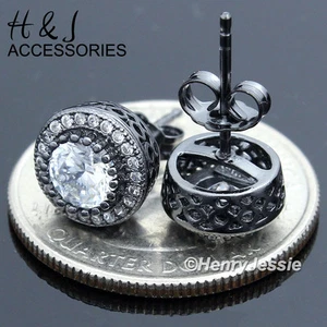 MEN 925 STERLING SILVER 9MM ROUND ICY BLING CZ BLACK PLATED STUD EARRING*BE80 - Picture 1 of 3