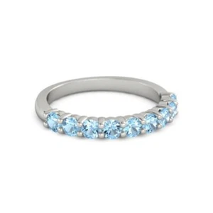 925 Sterling Silver Round 2.50 MM Blue Topaz Half Eternity Women Wedding Ring - Picture 1 of 8