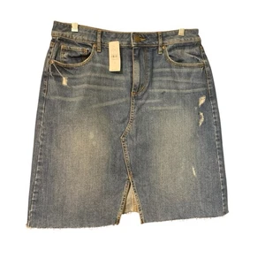 Loft Denim Pencil Mini Skirt 8 Distressed Raw Edge Mid Rise Front Vent 5 Pocket - Picture 1 of 12