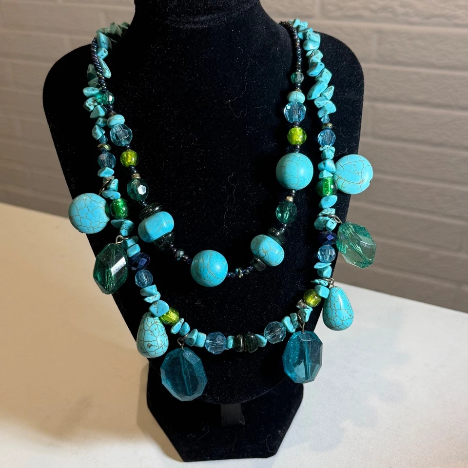 Turquoise Beaded Necklace Chunky Statement Bohemian Fashion Jewelry - Image 1 of 4
