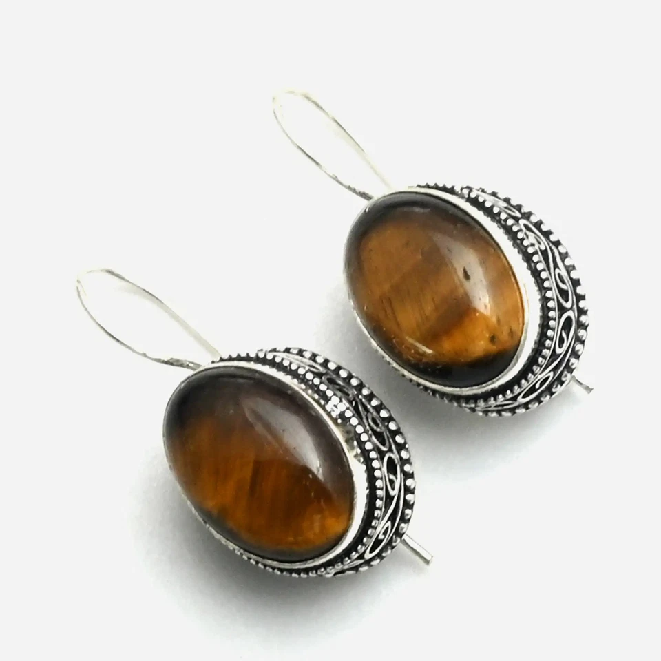 Pendientes colgantes de piedras preciosas ojo de tigre diseño antiguo joyería 1,4" AE-11364 Foto 1 de 1