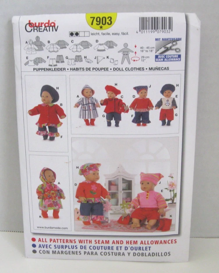 Burda 7903 Wardrobe for 16" - 18" Dolls UNCUT Sewing Pattern