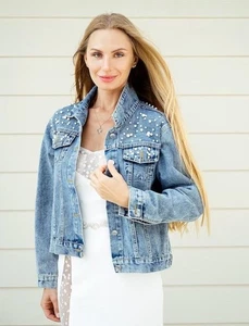Chaqueta vaquera adornada con perlas con cuello y mangas largas talla pequeña - Imagen 1 de 24