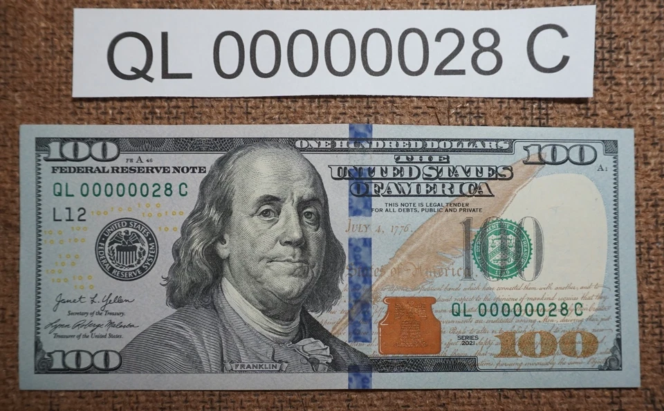 2021 $100 BILL US FEDERAL RESERVE NOTE BIRTHDAY LOW SERIAL NUMBER 00000028 UNC' - Image 1 of 3