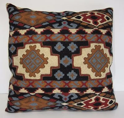 Kashmir Pillow Cushion Cover Wool 18" Crewel Ari Chain Stitch India Geometric    - Image 1 of 4