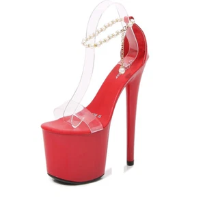 20CM SUPPER SEXY HIGH HEEL STILETTO ROUND TOE PLATFORM PEARL ANKLE CHAIN SHOES - Picture 1 of 12