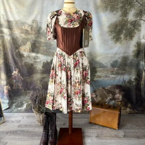 Vintage 80s Jessica Howard Midi Floral Dress with Gold Cord Trim Fitted Waist - Picture 1 of 8